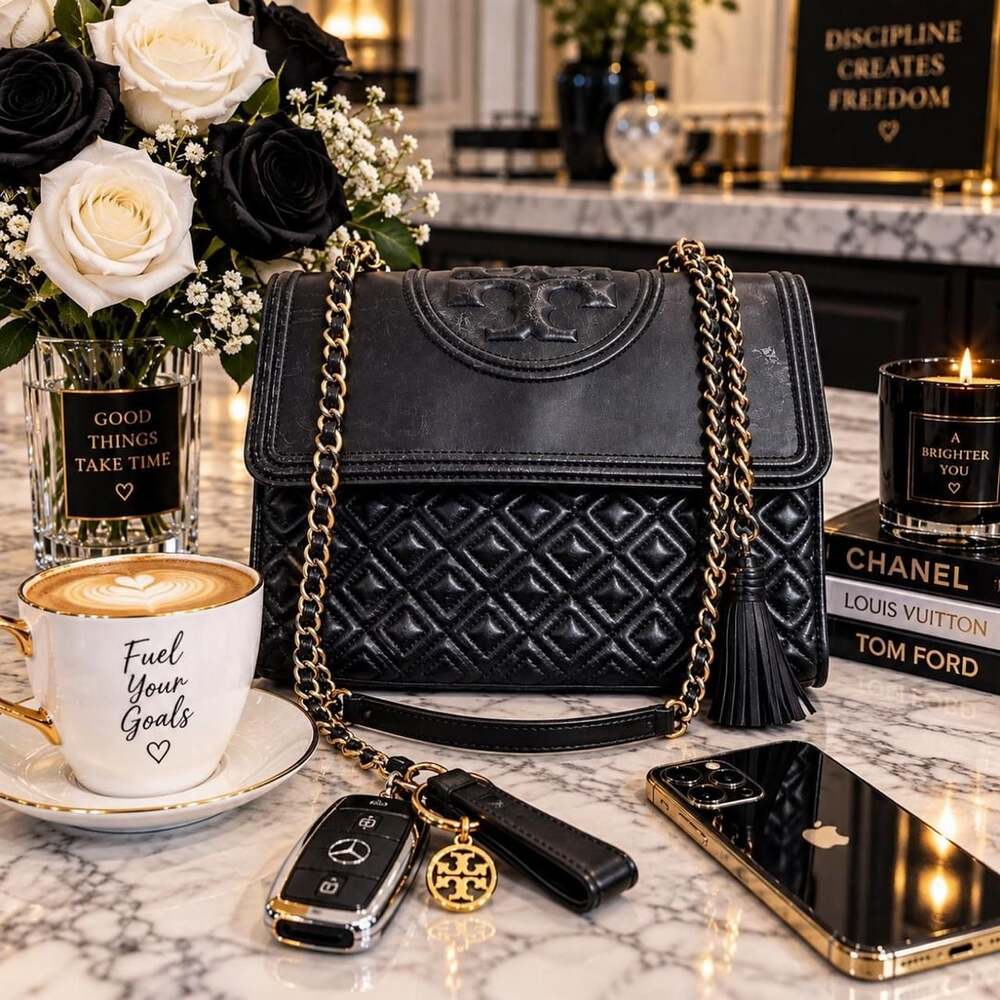 Tory Burch Fleming Quilted Black Leather Shoulder Bag